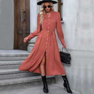 Autumn European And American Women's Clothing Long Sleeve Pure Color All-matching Dress