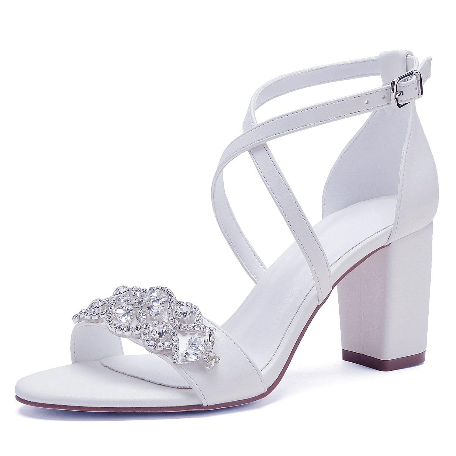 Women's High Heel White Classic Chunky Heel Shoes - Image 2