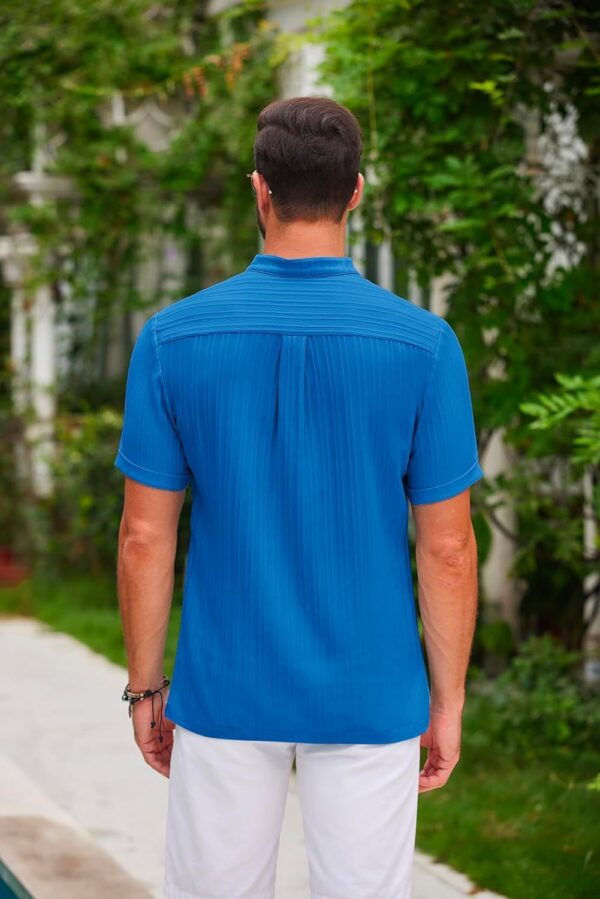 Summer Stand Collar Buttons Short Sleeve T-shirt Solid Color Stripe POLO Shirt Fashion Casual Beach Clothing For Men - Image 5