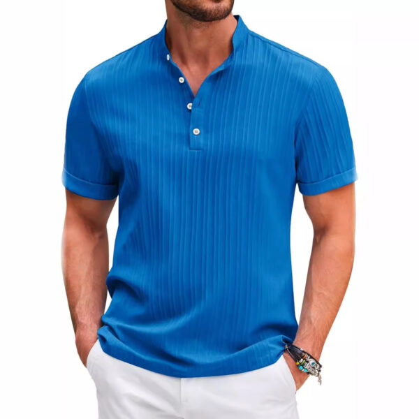 Summer Stand Collar Buttons Short Sleeve T-shirt Solid Color Stripe POLO Shirt Fashion Casual Beach Clothing For Men - Image 7
