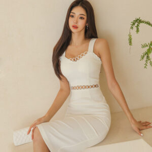Women's Clothing Summer New Korean Version Slim Hollow Out Waist Bag Hip Dress