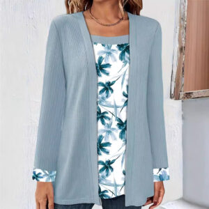 Solid Color Printing Stitching Faux Two-piece Set Long Sleeve