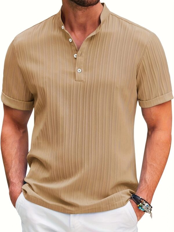 Summer Stand Collar Buttons Short Sleeve T-shirt Solid Color Stripe POLO Shirt Fashion Casual Beach Clothing For Men - Image 3