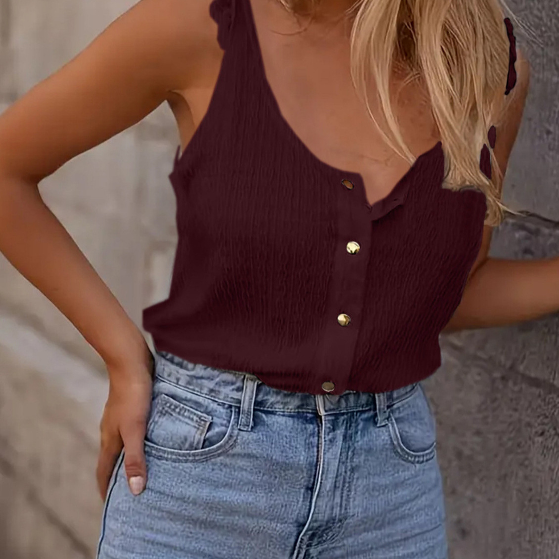 Solid Color Knitted Round Neck Ruffled Sweet Sleeveless Top - Image 4