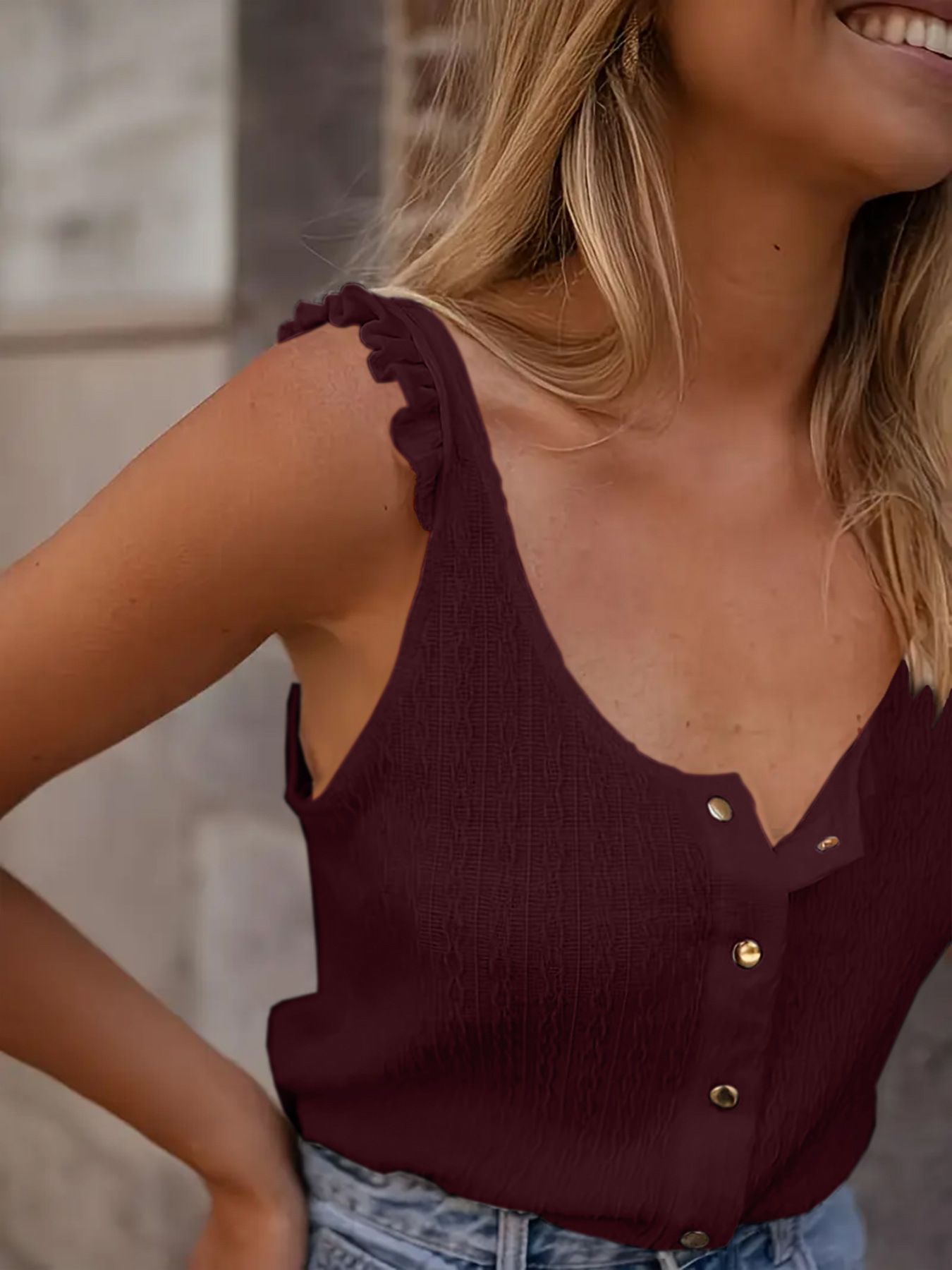 Solid Color Knitted Round Neck Ruffled Sweet Sleeveless Top - Image 6