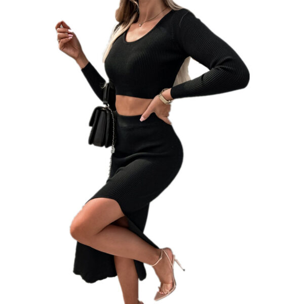 Autumn And Winter Europe And America Cross Border Foreign Trade Women's Clothing New Solid Color Long Sleeve Fashion Sexy Split Maxi Dress Two-piece Set - Image 2